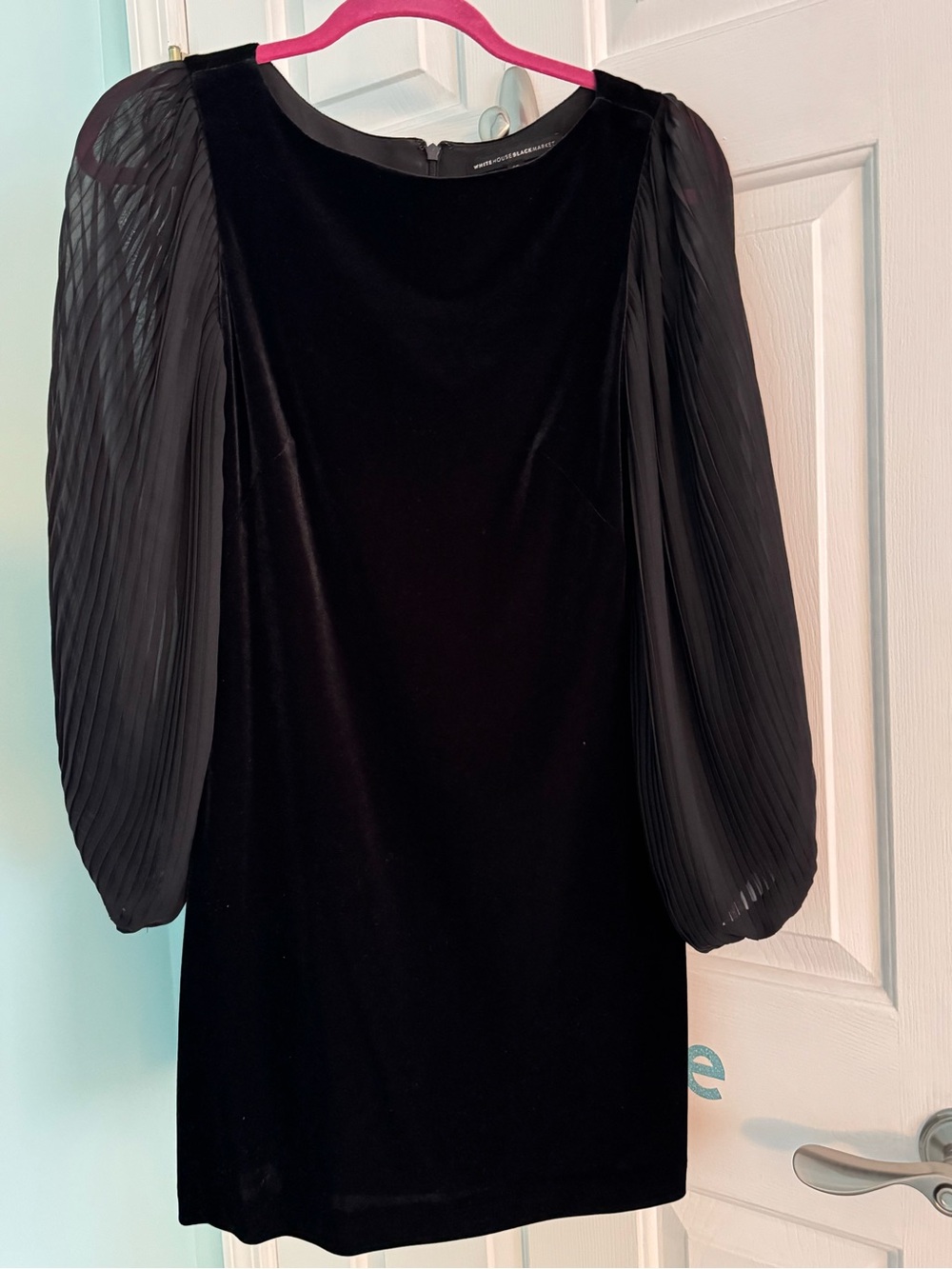 White House Black Market Black Velvet Dress w/ Pleated Sheer Sleeves Size 2P